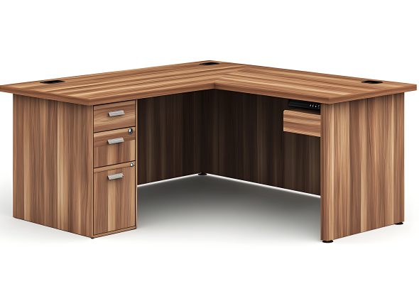 Modern wooden corner desk with clean edges isolated white background