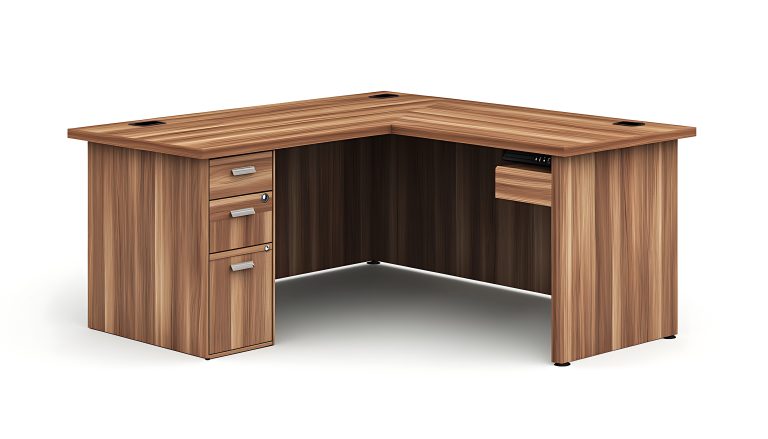 Modern wooden corner desk with clean edges isolated white background