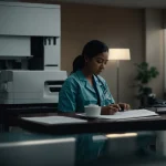 Healthcare professional gathering documents to send through HIPPA compliant fax service