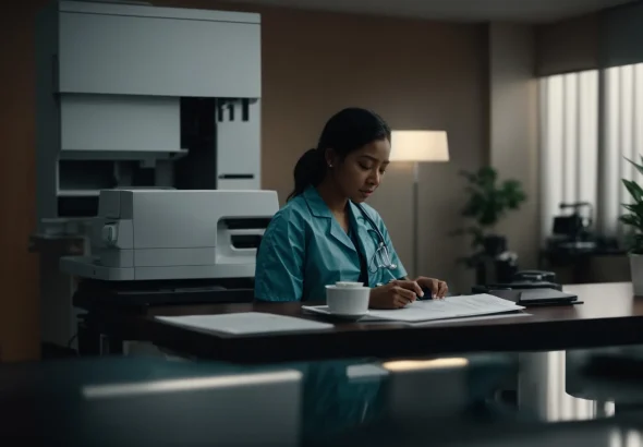 Healthcare professional gathering documents to send through HIPPA compliant fax service