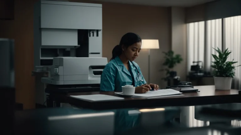 Healthcare professional gathering documents to send through HIPPA compliant fax service