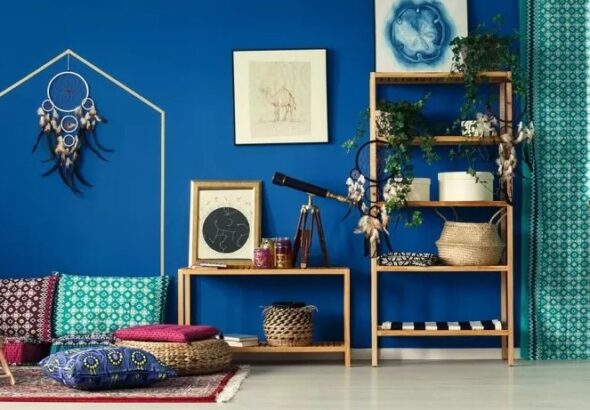 Two complementary interior colour combinations displayed under natural and artificial lighting