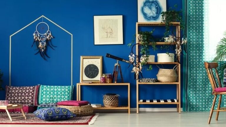 Two complementary interior colour combinations displayed under natural and artificial lighting